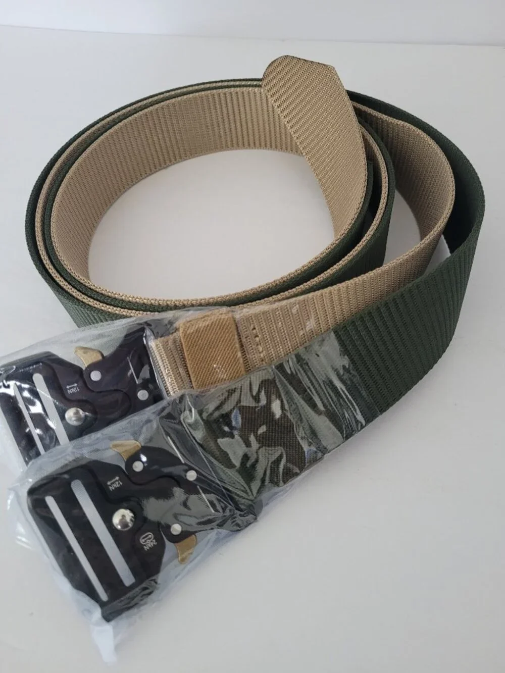 Set of 2 Canvas Tactical Belts Adjustable Heavy Duty Quick Release Khaki Olive
